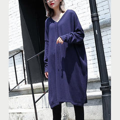 women blue plus size casual baggy dresses 2018 V neck drawstring cotton blended dress AT-FDM1809911