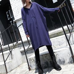 women blue plus size casual baggy dresses 2018 V neck drawstring cotton blended dress AT-FDM1809911