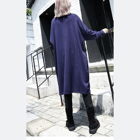 women blue plus size casual baggy dresses 2018 V neck drawstring cotton blended dress AT-FDM1809911