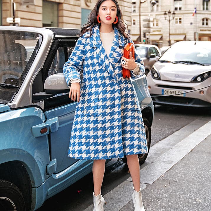 women blue white Plaid Wool Coat casual Notched long coat boutique pockets long coats TCT181016