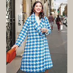 women blue white Plaid Wool Coat casual Notched long coat boutique pockets long coats TCT181016