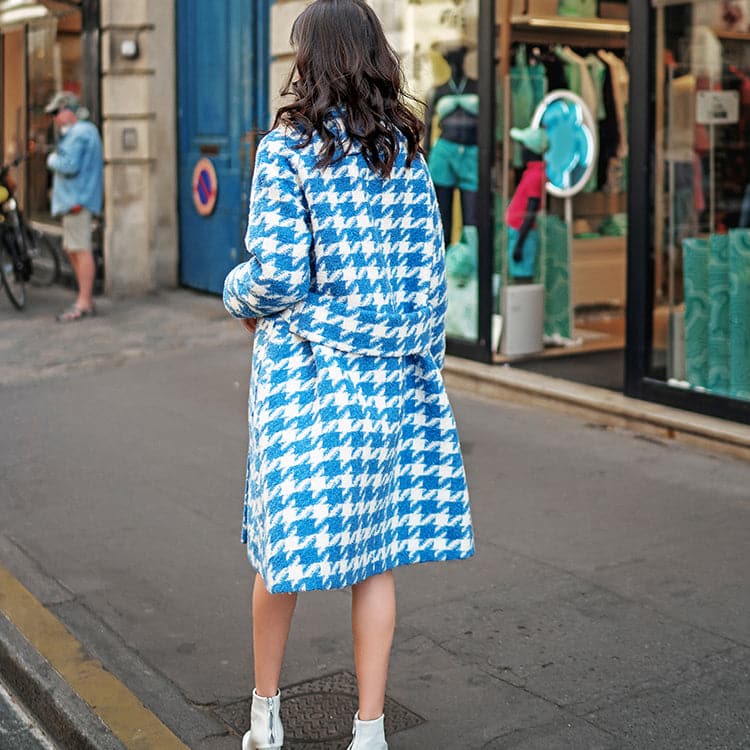 women blue white Plaid Wool Coat casual Notched long coat boutique pockets long coats TCT181016