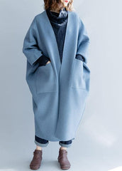 women blue wool overcoat Loose fitting long winter coat fall jackets Batwing Sleeve TCT191011