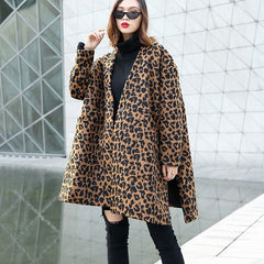 women brown Leopard coat casual v neck pockets Winter coat Elegant side open coats AT-CTS181010