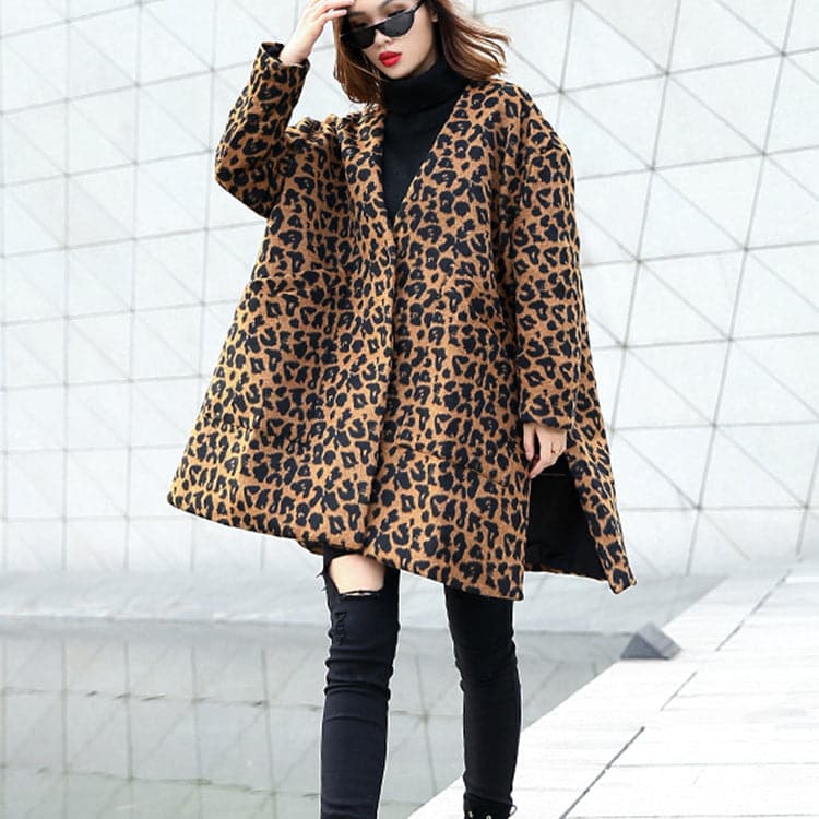 women brown Leopard coat casual v neck pockets Winter coat Elegant side open coats AT-CTS181010