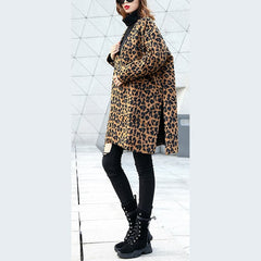 women brown Leopard coat casual v neck pockets Winter coat Elegant side open coats AT-CTS181010