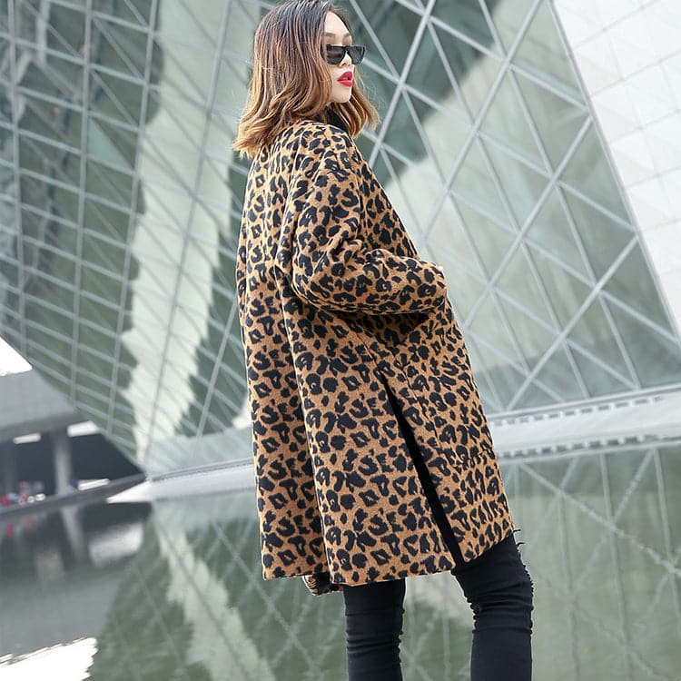 women brown Leopard coat casual v neck pockets Winter coat Elegant side open coats AT-CTS181010