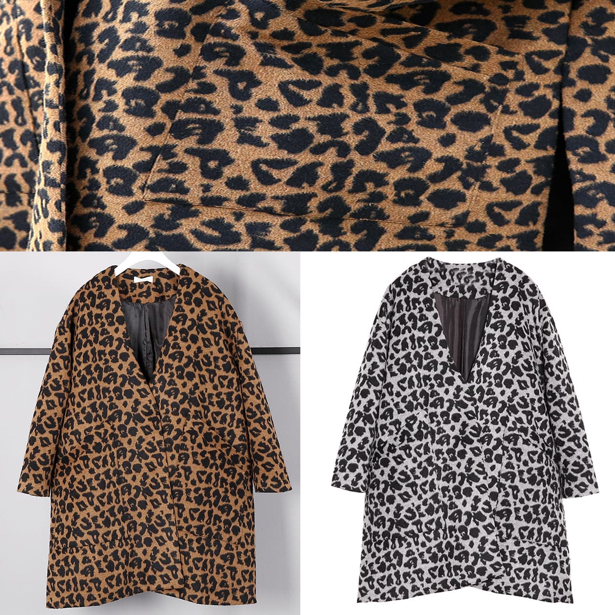 women brown Leopard coat casual v neck pockets Winter coat Elegant side open coats AT-CTS181010