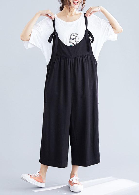 women casual cotton black jumpsuit plus size loose straps wide leg pants dylinoshop