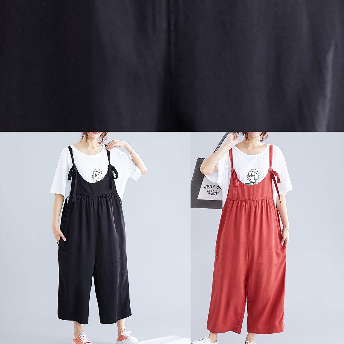 women casual cotton black jumpsuit plus size loose straps wide leg pants dylinoshop