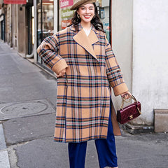 women khaki Plaid Coats plus size Notched Winter coat fine side open pockets wool jackets TCT181016