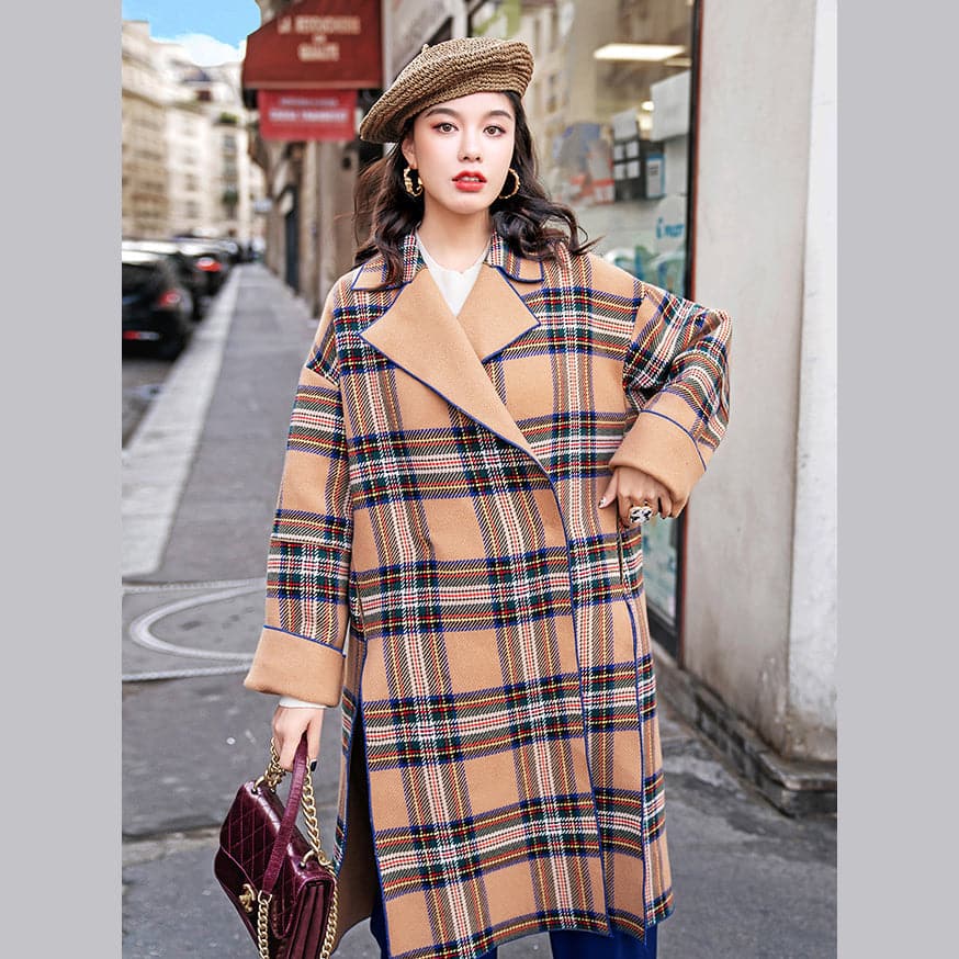 women khaki Plaid Coats plus size Notched Winter coat fine side open pockets wool jackets TCT181016