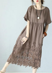 women khaki linen maxi dress Loose fitting O neck traveling dress women short sleeve baggy dresses SDL180727