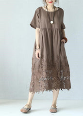 women khaki linen maxi dress Loose fitting O neck traveling dress women short sleeve baggy dresses SDL180727