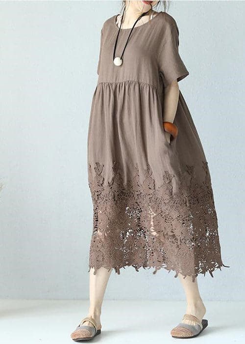 women khaki linen maxi dress Loose fitting O neck traveling dress women short sleeve baggy dresses SDL180727