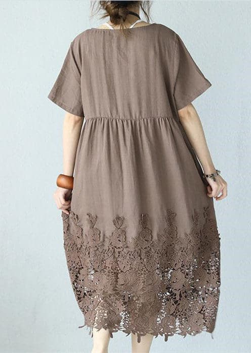 women khaki linen maxi dress Loose fitting O neck traveling dress women short sleeve baggy dresses SDL180727