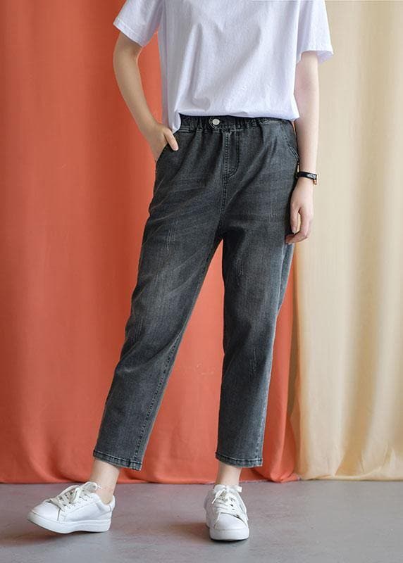 women new fall black gray cotton loose pants casual elastic waist jeans LPTS190827