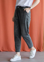 women new fall black gray cotton loose pants casual elastic waist jeans LPTS190827