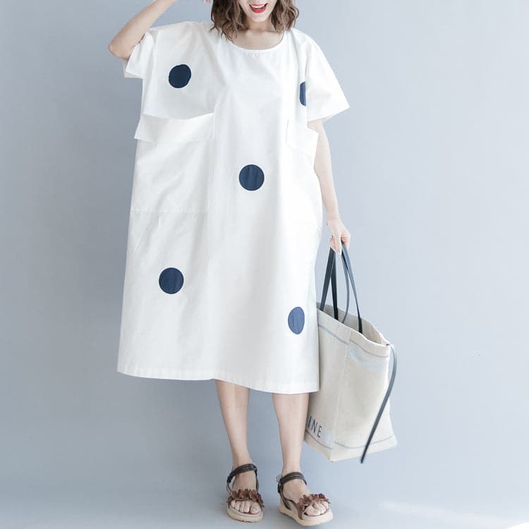 women white dotted cotton shift dress oversize shirt dress New short sleeve O neck baggy dresses natural cotton dress SDL180808