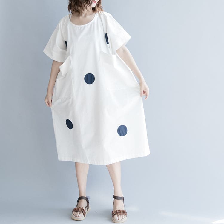 women white dotted cotton shift dress oversize shirt dress New short sleeve O neck baggy dresses natural cotton dress SDL180808