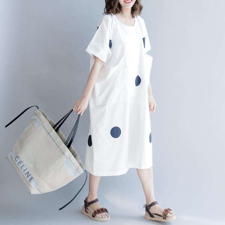 women white dotted cotton shift dress oversize shirt dress New short sleeve O neck baggy dresses natural cotton dress SDL180808