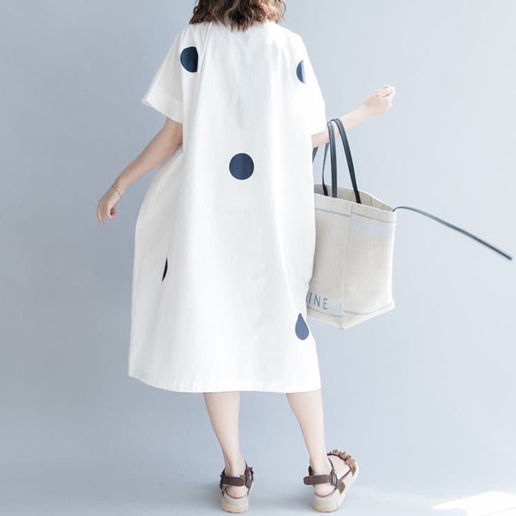 women white dotted cotton shift dress oversize shirt dress New short sleeve O neck baggy dresses natural cotton dress SDL180808