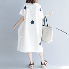 women white dotted cotton shift dress oversize shirt dress New short sleeve O neck baggy dresses natural cotton dress SDL180808