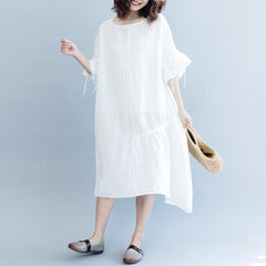 women white long cotton linen dress plus size O neck drawstring caftans fine Petal Sleeve baggy dresses SDL180808